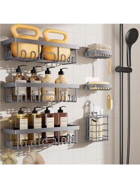 Gray Wall-Mount Shower Organizer Shelf Set - Modern Bathroom Storage